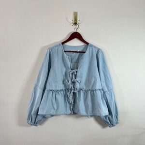 Velvet Heart Denim Tie Front Denim Top Lightwash Balloon Sleeves Boxy Womens Lg